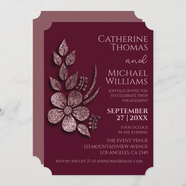 Convite Moderno Elegante Rosa Dourado Brilho Floral & Borg (Frente/Verso)