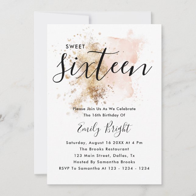 Convite Moderno Elegante Rosa E Dourado Script Sweet 16 (Frente)