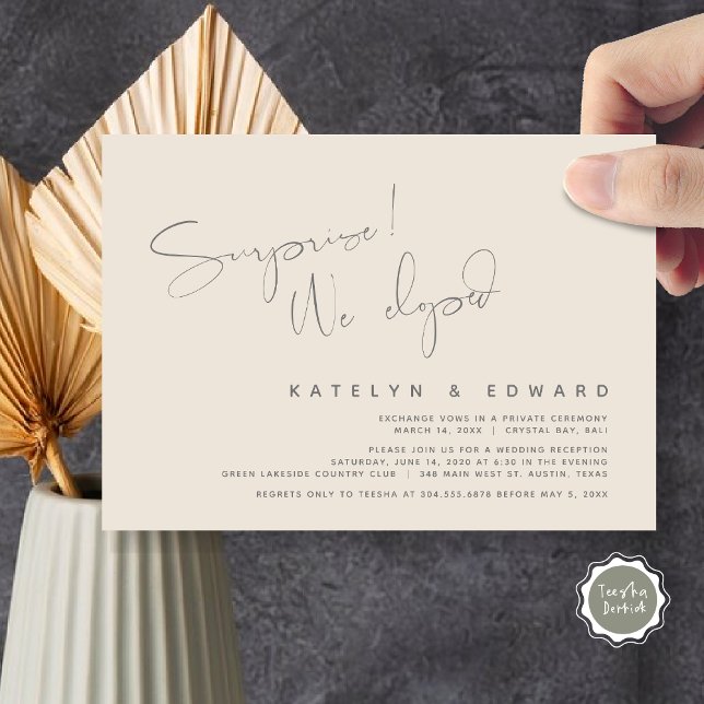 Convite Moderno Elopemento de Casamento, Surpresa, nós fug (Modern Wedding Elopement, Surprise, we eloped, dinner Invitation Card, PDF, in Dark Grey and Cream)