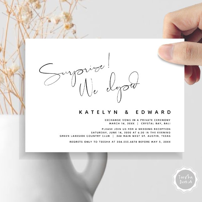 Convite Moderno Elopemento de Casamento, Surpresa, nós fug (Modern Wedding Elopement, Surprise, we eloped, dinner Invitation Card, PDF, in Black and White)