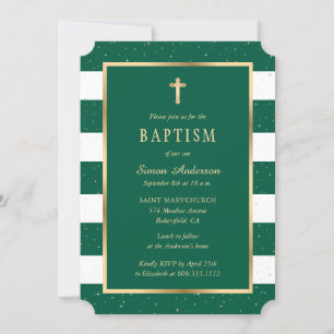 Convite Moderno Emerald Green Cruz Dourada Stars Baptism