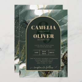 Convite Moderno Emerald Green Dourado Agate Marble WEDDING