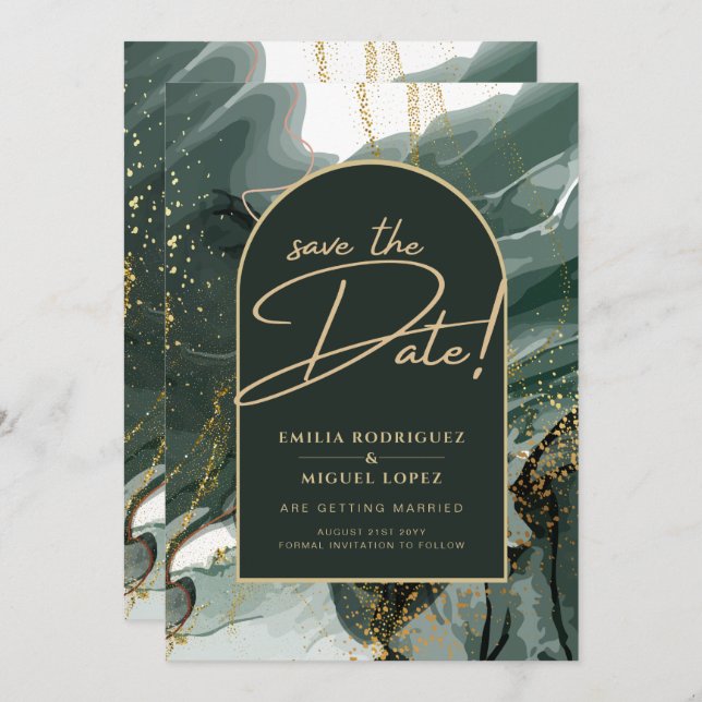 Convite Moderno Emerald Green Dourado Agate Marble WEDDING (Frente/Verso)