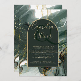 Convite Moderno Emerald Green Dourado Agate Marble WEDDING