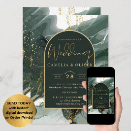 Convite Moderno Emerald Green Dourado Agate Marble WEDDING