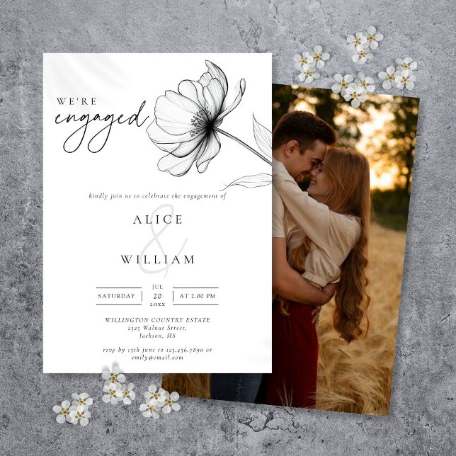 Convite Moderno Estamos com a Festa de noivado de Fotos Fl (Modern We're Engaged Floral Photo Engagement Party Invitation)