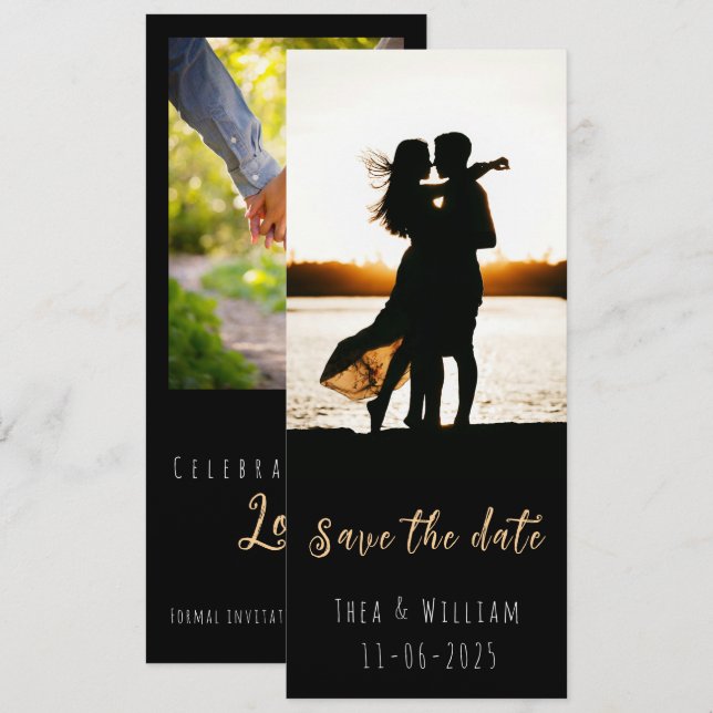 Convite Moderno estreito 2 fotos Save the Date (Frente/Verso)