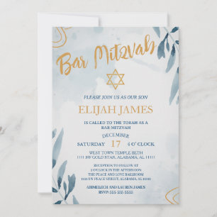 Convite Moderno Estrela de Davi Azul Dourado Elegante Bar 