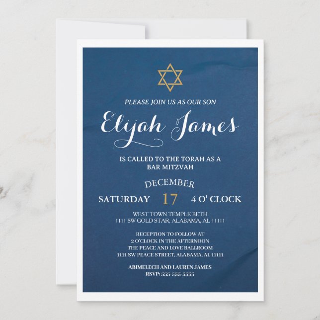 Convite Moderno Estrela de Davi Azul Ouro Elegante Bar Mit (Frente)