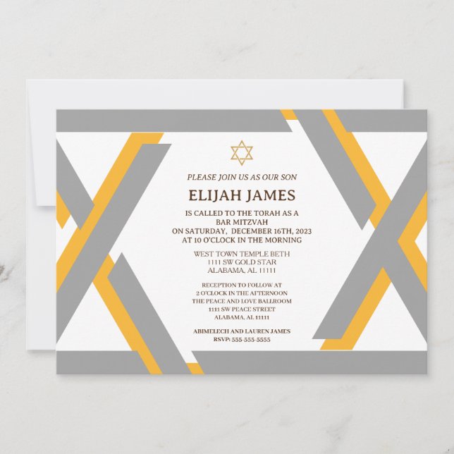 Convite Moderno Estrela de Davi Dourada Elegante Bar Mitzv (Frente)