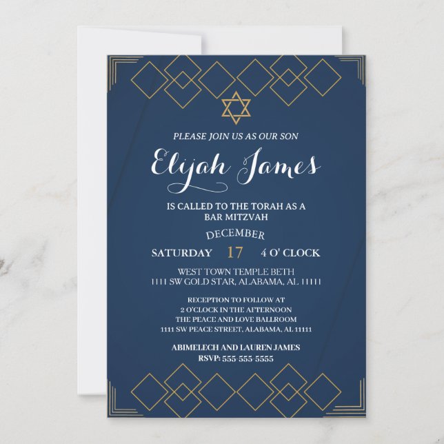 Convite Moderno Estrela de Davi Dourada Elegante Bar Mitzv (Frente)