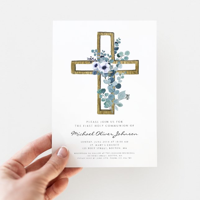 Convite Moderno Eucalipto Cruza Primeira Comunhão Religios (Modern Eucalyptus Cross Religious First Communion Invitation)