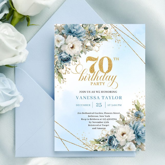 Convite Moderno eucalipto dourado azul empoeirado 70º aniv (Modern dusty blue eucalyptus gold 70th birthday invite

)