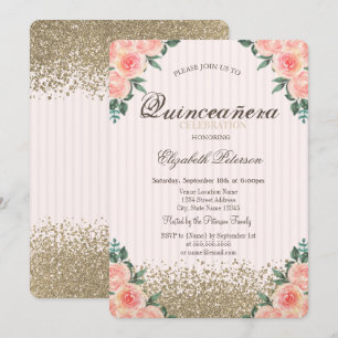 Convite Moderno Faux Ouro Diamantes Rosas Listrado Quincea