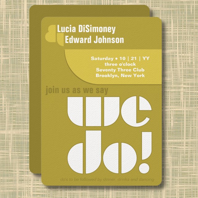 Convite Moderno Fazemos Tipografia Geométrica Avocado Gree (Modern geometric "we do!" wedding invitation in olive and avocado green.)