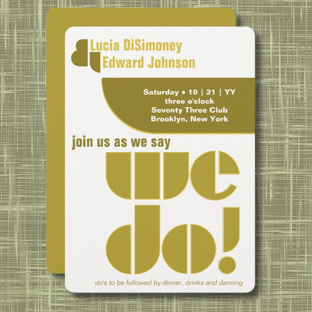 Convite Moderno Fazemos Tipografia Geométrica Avocado Gree (Modern geometric "we do!" wedding invitation in olive and avocado green on white.)