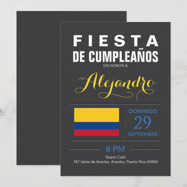 Convite Moderno: Festa Colômbia (Frente/Verso)