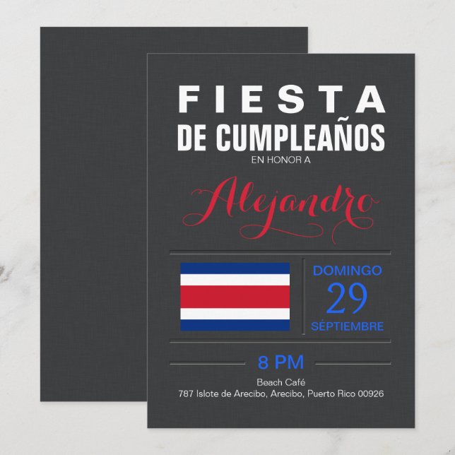 Convite Moderno: Festa Costa Rica (Frente/Verso)