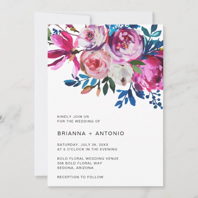 Convite Moderno Floral Brilhante, Tudo Em Um Casamento (Frente)