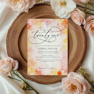 Convite Moderno Floral em Aquarela Chic Aniversário de 21
