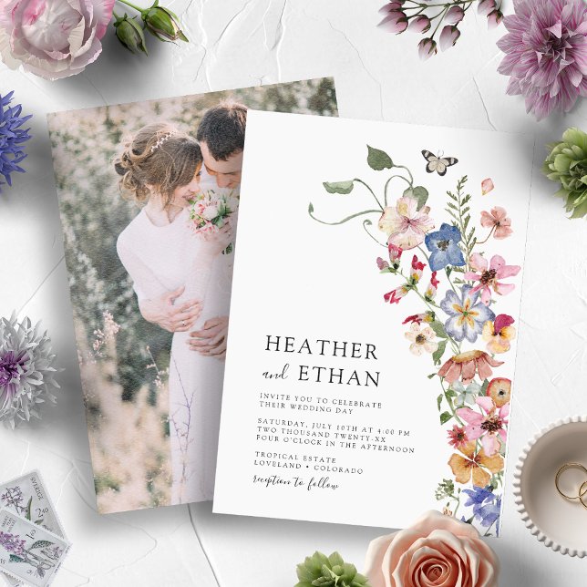 Convite Moderno Floral Foto Casamento (Watercolor Colorful Wildflower Wedding Invitation with Engagement Photo by Painted Paperie)