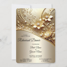 Convite Moderno Floral Ornamentado Dourado com Pérolas Ens