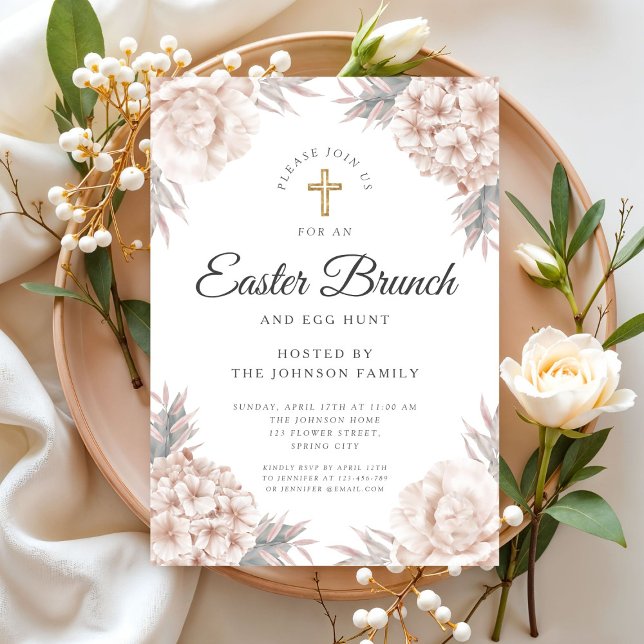 Convite Moderno Floral Páscoa Religiosa Brunch (Modern Floral Peonies Religious Easter Brunch Invitation)