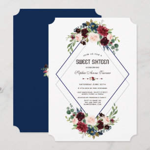 Convite Moderno Geométrico Merlot Azul Naval Floral Sweet 