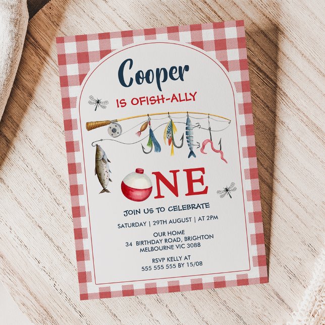 Convite Moderno Gingham Vermelho Ofishally Um 1º Aniversár (Ofishally One Invitation Template, Ofishally One Invite, Boys Birthday Invitation Ofishally One
)