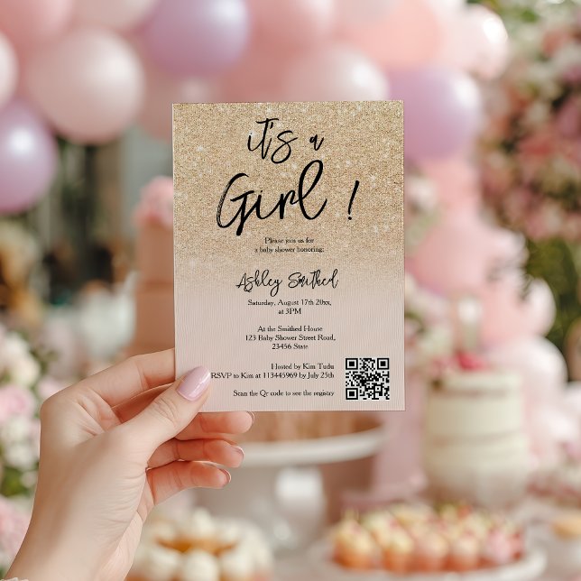 Convite Moderno Glam Dourado Brilhante, Rosa, Ombre Show d (Modern Glam Gold Glitter Pink Ombre Girl Baby Show Invitation)