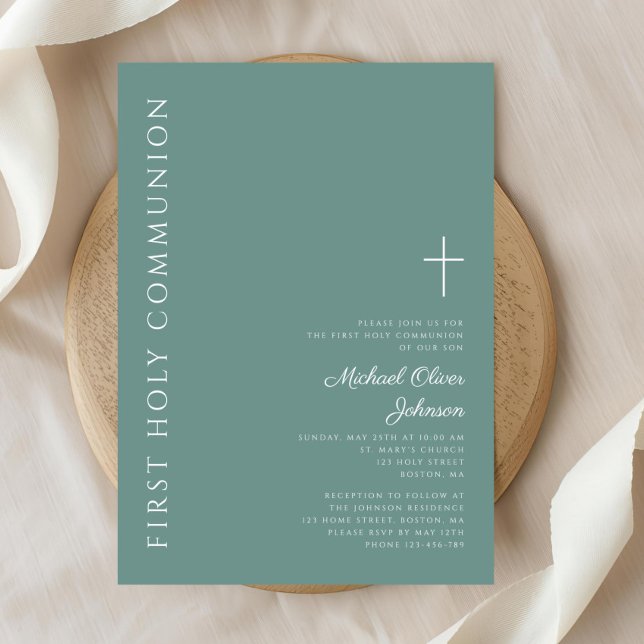 Convite Moderno Green Boy Cross First Santa Comunhão (Modern Green Boy Cross First Holy Communion Invitation)