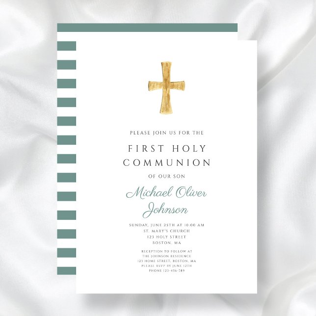 Convite Moderno Green Stripes Cross Boy First Communes (Modern Green Stripes Cross Girl First Communion Invitation)
