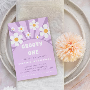 Convite Moderno Groovy One Retro Sunshine Primeiro Anivers