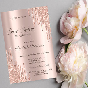 Convite Moderno Legal Glitter Drips Rosa Dourado Sweet 16