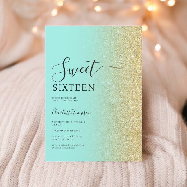 Convite Moderno Luxuoso Dourado Glitter Mint Sweet 16 (Modern Luxurious Gold Glitter Mint Sweet 16 Invitation)