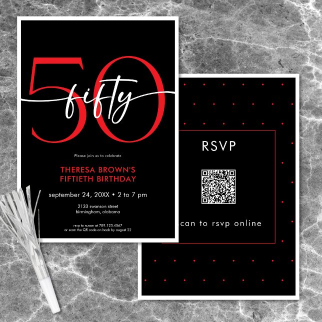 Convite Moderno Minimal Vermelho Cinquenta Script Aniversá (Modern Minimal Red Fifty Script Birthday QR Invitation)