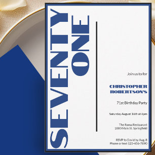 Convite Moderno Minimalista Aniversário de 71 anos Azul e