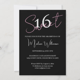 Convite Moderno Minimalista Doce 16 Aniversário Preto Rosa