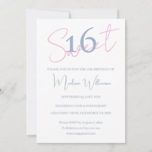 Convite Moderno Minimalista Doce 16 Aniversário Rosa Azul