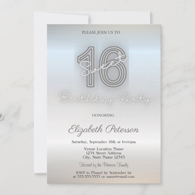 Convite Moderno Minimalista  Sweet 16 Prata (Frente)