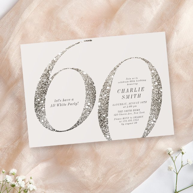 Convite Moderno minimalista todo partido branco 60º aniver (Modern minimalist all white party 60th birthday invitation)