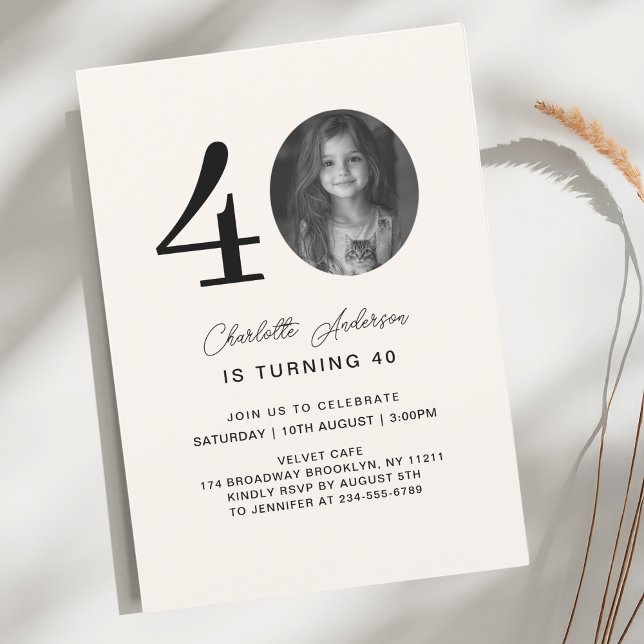 Convite Moderno, mínimo 40. Beige Birthday Photo (Modern, minimal 40. Beige Birthday Photo Invitation)