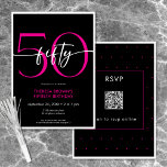 Convite Moderno Mínimo Rosa 50 Script Birthday QR<br><div class="desc">Moderno e chic, este convite de aniversário combina preto clássico e branco com sotaques de rosa brilhante. É um design mínimo é um design simples e divertido para celebrar o aniversário do marco. A parte traseira retém uma área para um código QR para resposta RSVP. Criado pela imprensa simplesmente de...</div>