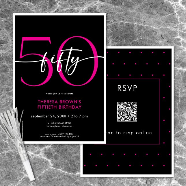 Convite Moderno Mínimo Rosa 50 Script Birthday QR (Modern Minimal Pink Fifty Script Birthday QR Invitation)
