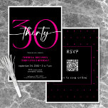 Convite Moderno - Mínimo Rosa Trinta Script - QR de Aniver<br><div class="desc">Moderno e chic, este convite de aniversário combina preto clássico e branco com sotaques de rosa brilhante. É um design mínimo é um design simples e divertido para celebrar o aniversário do marco. A parte traseira retém uma área para um código QR para resposta RSVP. Criado pela imprensa simplesmente de...</div>