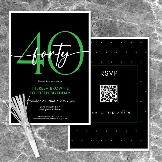 Convite Moderno Mínimo Verde Quarenta Script Aniversário Q (Modern Minimal Green Forty Script Birthday QR Invitation)