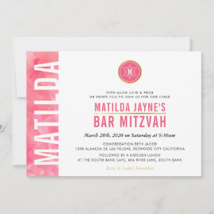 Convite MODERNO MONOGRAMA BAT MITZVAH bar cor-de-rosa