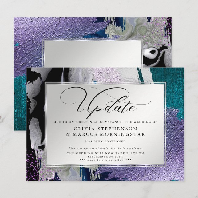 Convite Moderno Ousado Abstrato Orquídea Azul Água Adiamen (Frente/Verso)