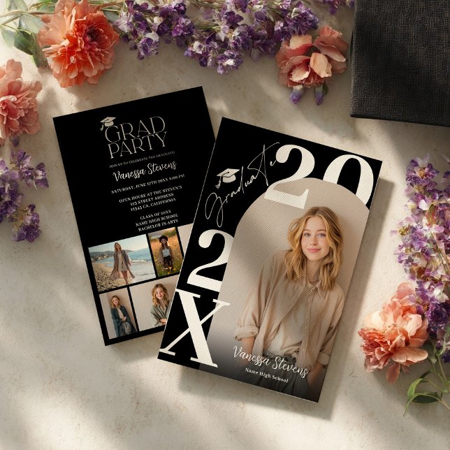 Convite Moderno Ousado Branco Preto Tendência 6 fotos grad (Modern Bold White Black Trendy 6 photos graduation Invitation)