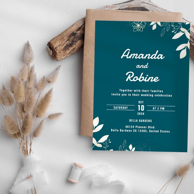 Convite Moderno Para Casamento De Teal Botânico (Criador carregado)